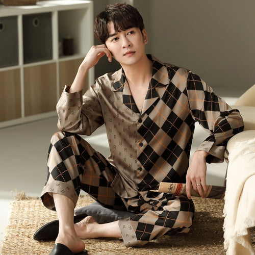 Load image into Gallery viewer, Men&#39;s Spring Autumn Sleepwear Youth Large Homewear Luxury Contrast Color Urban Leisure Comfortable Boys&#39; Pajama Set
