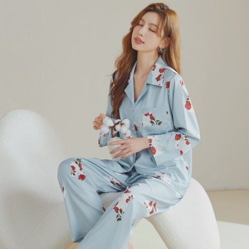 Load image into Gallery viewer, Women&#39;s Pajamas Spring Summer Ice Silk Long-sleeved Pants Two Piece Home Clothes V-neck Printing Cartoon Casual Suit
