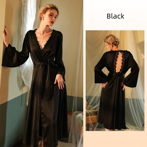 Load image into Gallery viewer, Women&#39;s Pajamas Long Robe Set Lace Homewear Faux Silk Sleepwear Smooth Backless Bathrobe Sling Dress Nightwear Femme
