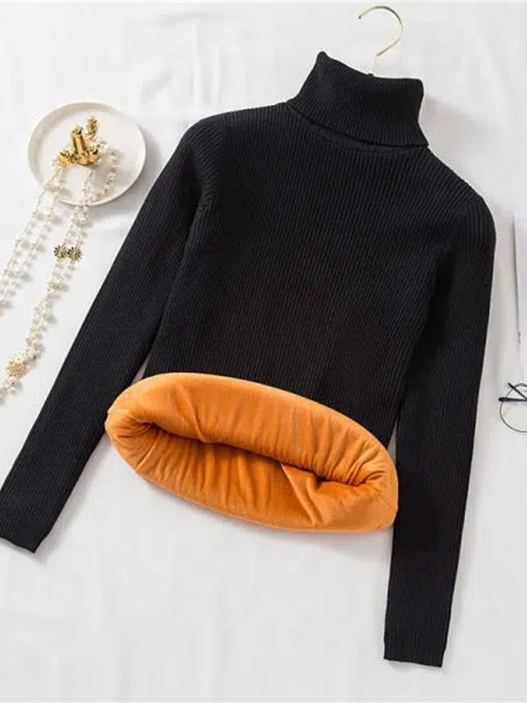 Women Thick Turtleneck Sweater Warm Velvet White Knitted Jumper Casual Pullover Simple Solid Color Female Basic Tops