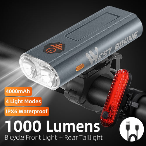 Load image into Gallery viewer, 1000LM Bike Light Front Rear Lamp USB Rechargeable LED 4000mAh Bicycle Light Waterproof Headlight Bike Accessories

