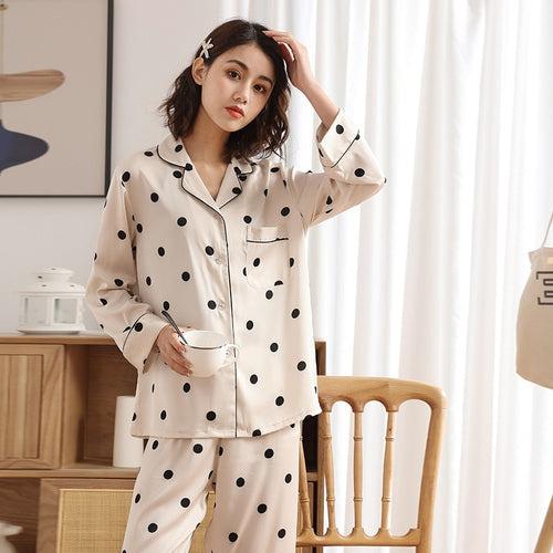 Load image into Gallery viewer, Satin Polka Dot Pajamas Women&#39;s Spring Autumn Thin Long Sleeved Pants Two-piece Set Fashion Casual Home Clothing
