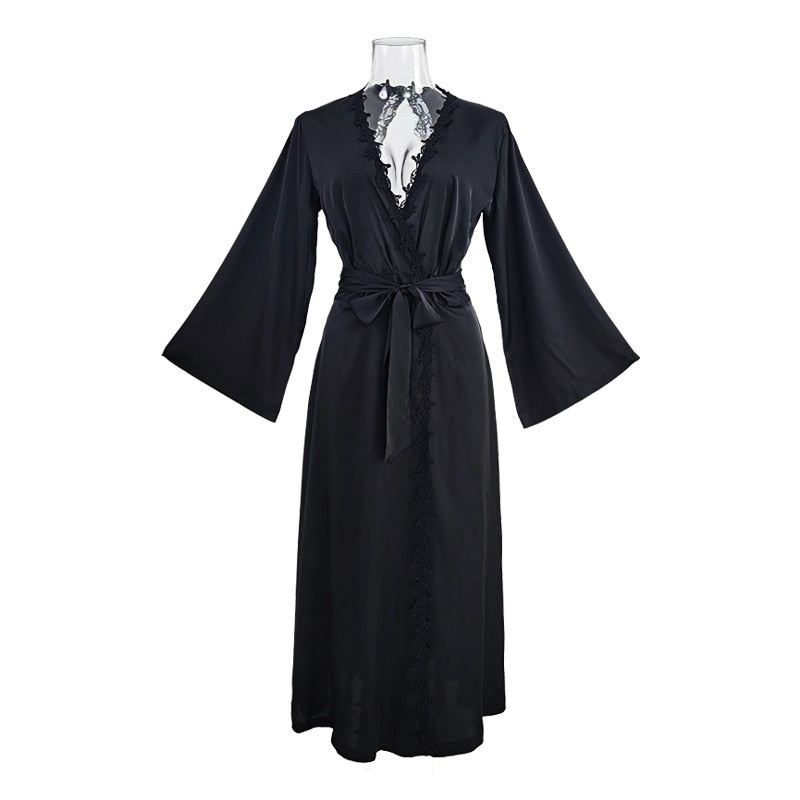 Women's Pajamas Long Robe Set Lace Homewear Faux Silk Sleepwear Smooth Backless Bathrobe Sling Dress Nightwear Femme