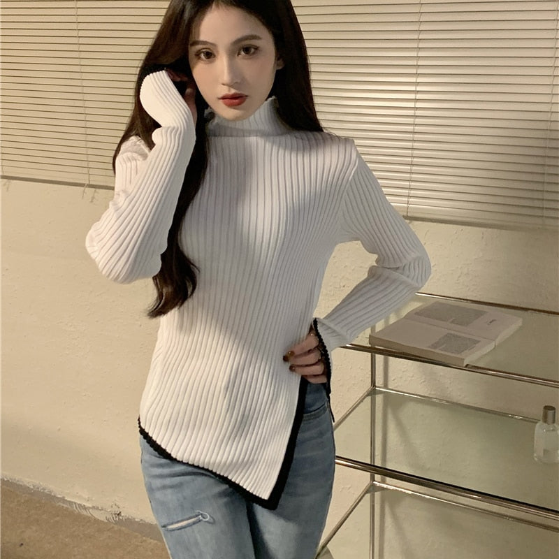 Pullover Turtleneck Sweater Split Fork Fashion Spring Knitted Jumper Simple Elastic Soft Long Sleeve Female Tops