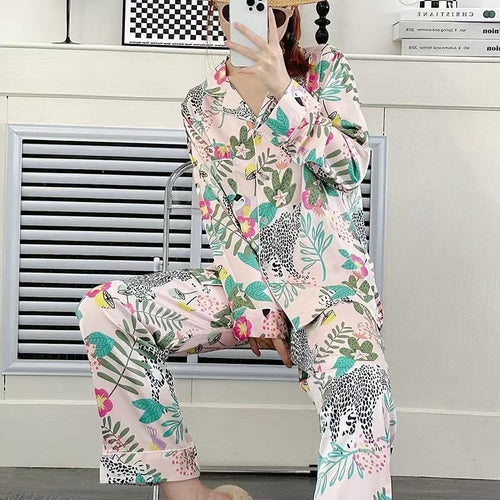 Load image into Gallery viewer, Women&#39;s Imitation Silk Pajamas Fashion Leopard Print Long Sleeved Pants Sleepwear Set Breathable Cardigan Lapel Homewear
