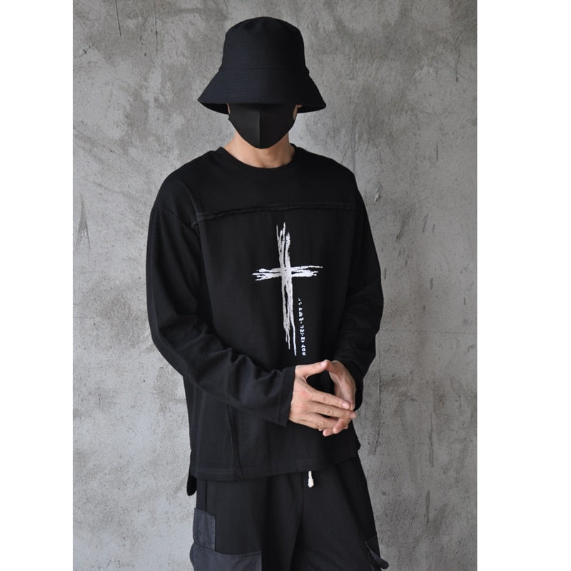 Hip Hop Long Sleeve T-Shirt Men Autumn Dark Personalized Printing Streetwear Sweat Shirts Cotton Tops Tees Black