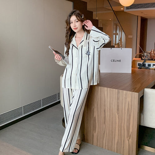 Load image into Gallery viewer, Ice Silk Couple Pajamas Women&#39;s Fashion Stripe Long Sleeve Pants 2-piece Suit Men&#39;s Large Size Satin Home Clothes
