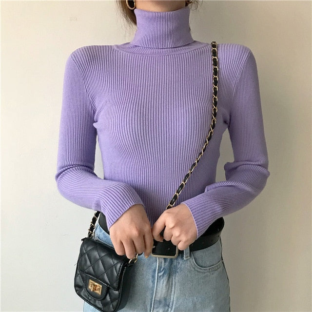 Women Pullover Turtleneck Sweater Autumn Long Sleeve Slim Elastic Korean Simple Basic Cheap Jumper Solid Color Top