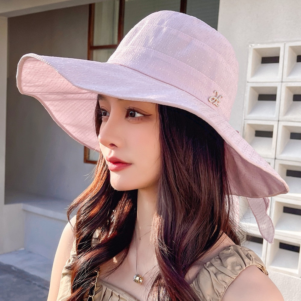 Women Summer Sun Hats Plain Color Fashion Bow Design Sun Hat Female Outdoor Sun Protection Travel Beach Hat