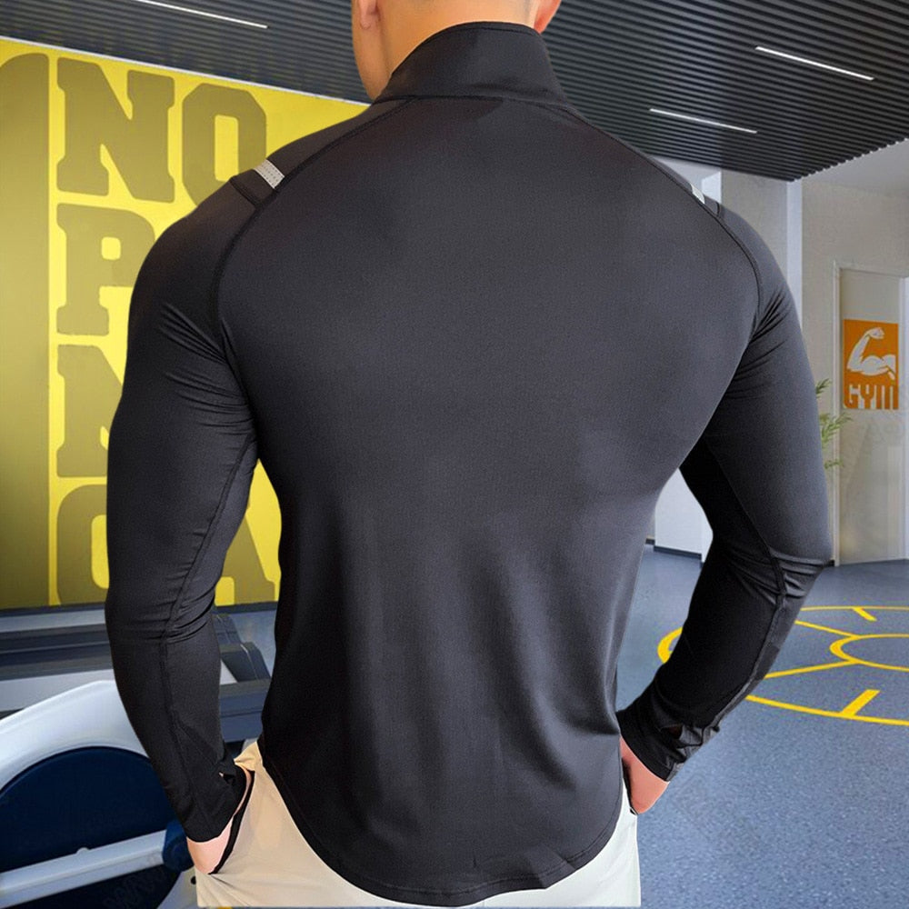 Plus Size High Neck T-shirt for Men Running Sport Tops Long Sleeve Tees Training Clothes Gym Sportswear Fitness Sweatshirts