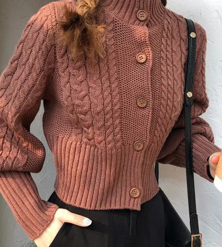 Twisted Fashion Women Cardigan Sweater Fall Casual Stand Collar Button Up Female Knitted Short Coats Student Slim Tops