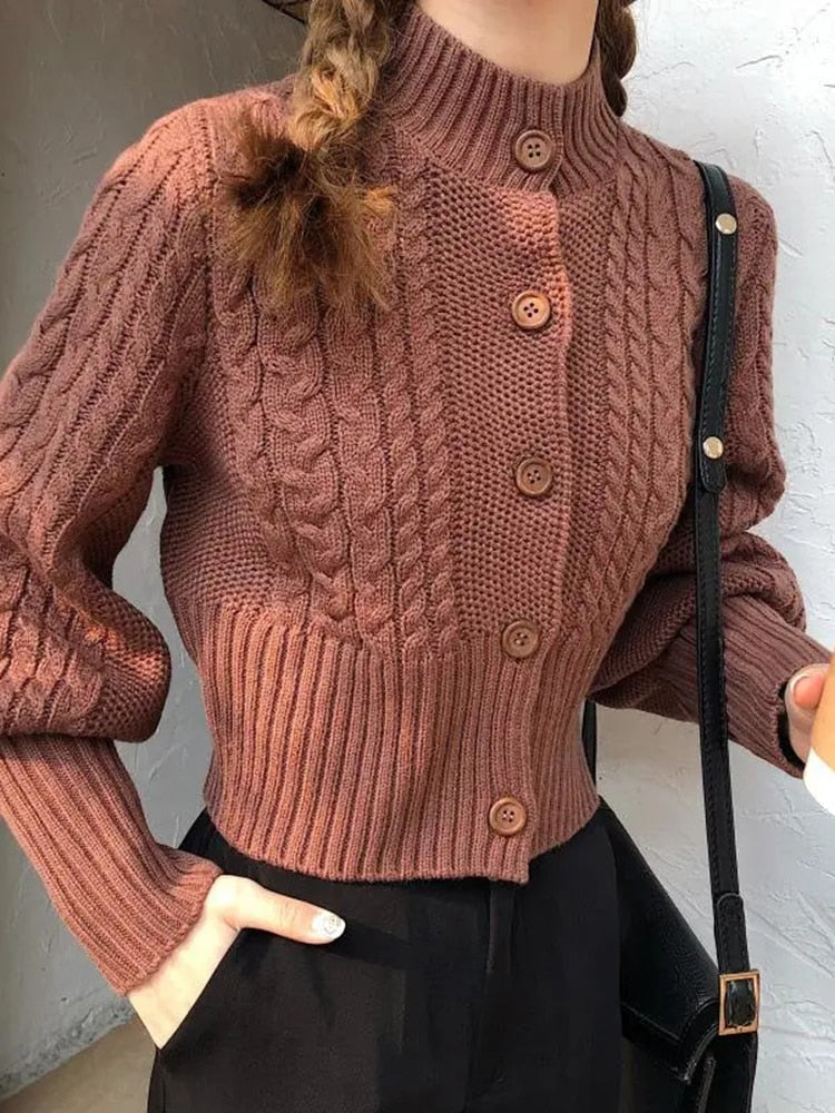 Twisted Fashion Women Cardigan Sweater Fall Casual Stand Collar Button Up Female Knitted Short Coats Student Slim Tops
