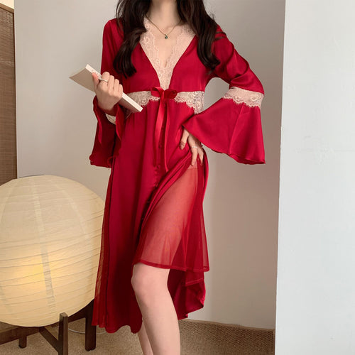 Load image into Gallery viewer, Women&#39;s Pajamas Sexy Long Dress Bell Sleeve Silk Like Homewear Deep V Skirt Sexy Lace Dress Sleepdress Nightgown Femme
