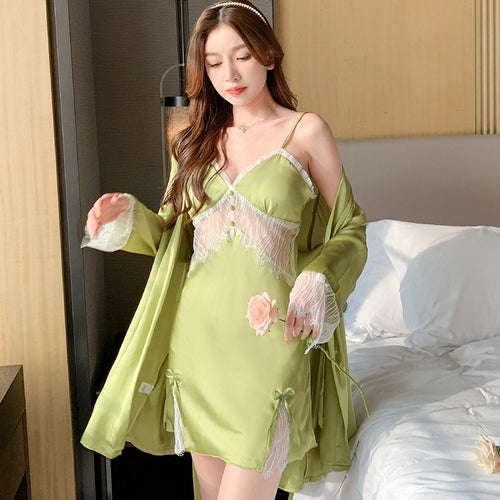 Load image into Gallery viewer, High Quality Women&#39;s Pajamas Robe Set Sexy Lace Bathrobe Deep V Sling Dress Sleepwear Homewear Nightgown Femme Petite
