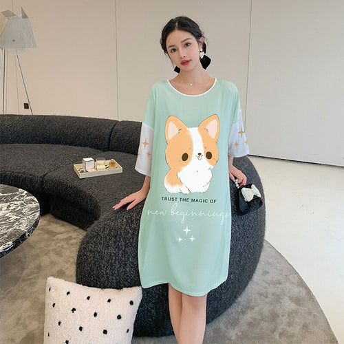 Load image into Gallery viewer, Women&#39;s Pajama Skirt Summer Thin Short Sleeve Medium Length Silk Like Nightwear Cartoon Nightdress Loose Home Clothing
