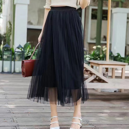 Load image into Gallery viewer, Elegant Women Tulle Skirt  Korean Fashion Mesh White A Line Ladies Pleated Skirt Summer Chic High Waist Black Party Faldas
