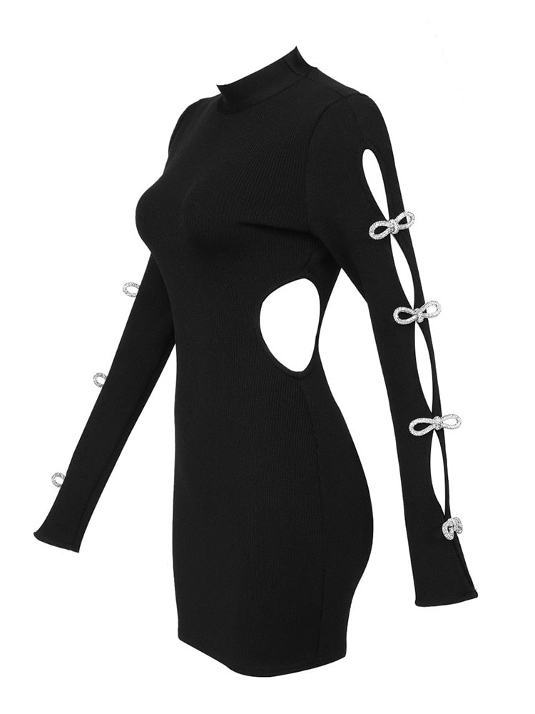 Slim Solid Dresses For Women Stand Collar Long Sleeve High Waist Spliced Diamonds Mini Dress Female Fashion