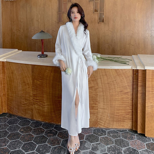 Load image into Gallery viewer, Sleeping Dress Feather Splice Satin Nightgown Silk Like Pajamas Women&#39;s Bride Morning Robe Bathrobe Thin Home Suit
