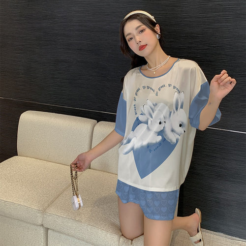 Load image into Gallery viewer, Women&#39;s Silk like Pajamas Cute Short Sleeve Shorts Two Piece Set Round Neck Summer Outwear Casual Home Clothing
