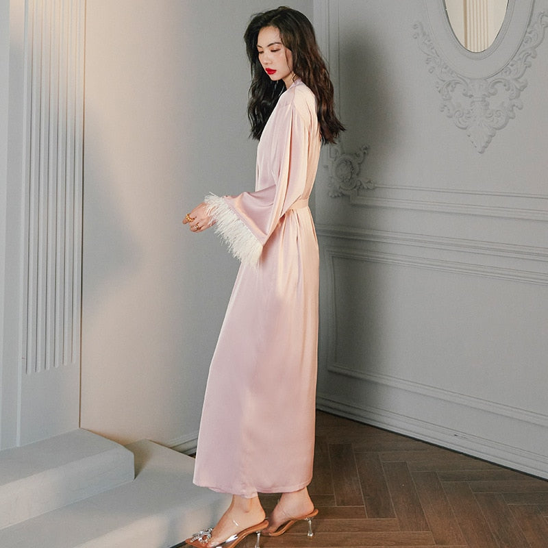 High Quality Women's Pajamas Robe Feather Cuff Sleeprobe Luxury Style Silk Like Casual Homewear Nightgown пижама женская