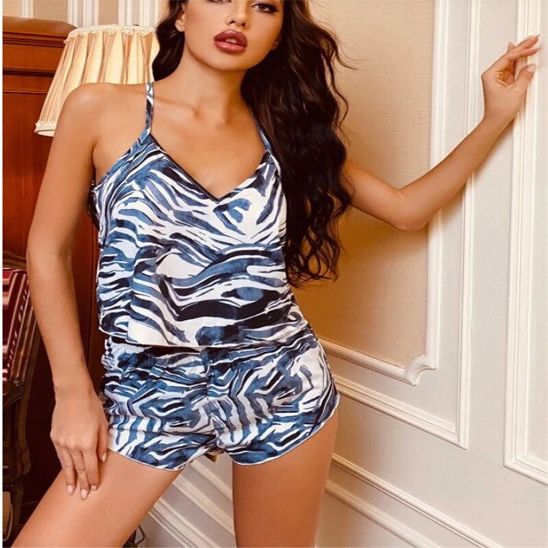 Fashion Leopard Print Sexy Pajamas Women's Summer Suspender Nightdress Suit Large Casual Homewear Two Piece Set