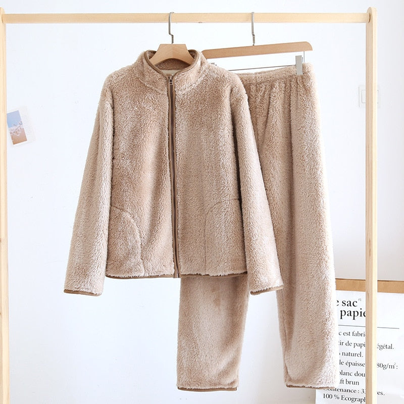 Women's Pajamas Set Very Thick Flannel Sleepwear Couples Casual Coral Fleece Zipper Vertical Collar Homewear for Men