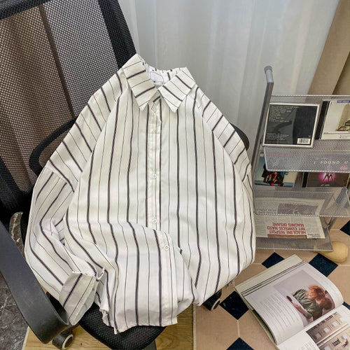 Load image into Gallery viewer, Cotton Women Striped Shirts Loose Fashion Korean Designed Button Up Ladies Shirt Long Sleeve White Cotton Tops
