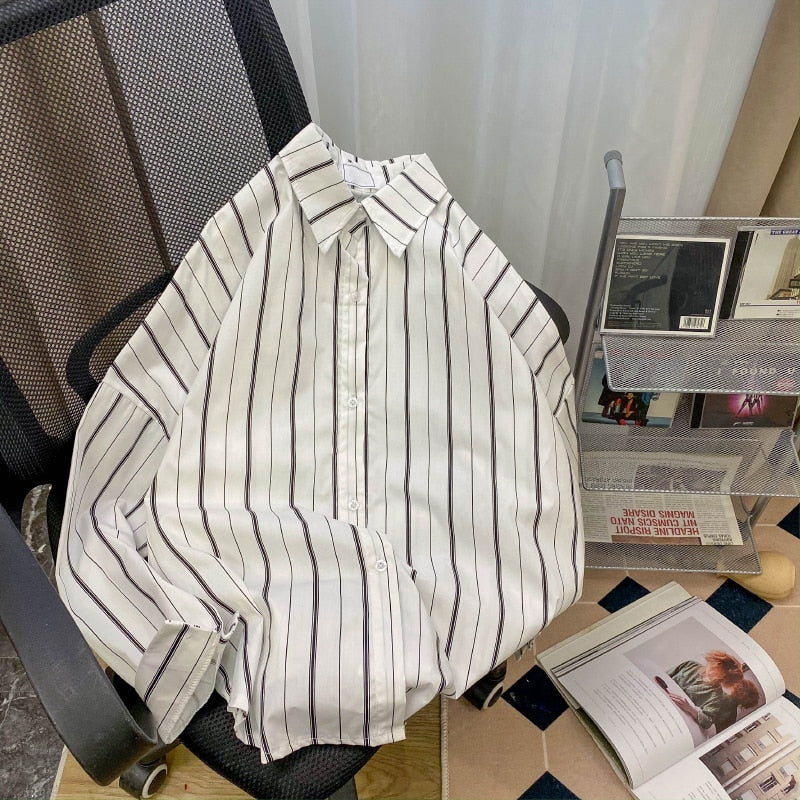Cotton Women Striped Shirts Loose Fashion Korean Designed Button Up Ladies Shirt Long Sleeve White Cotton Tops