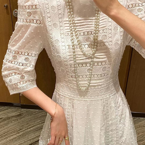 Load image into Gallery viewer, Solid Minimalist Lace Dresses For Women Stand Collar Puff Sleeve High Waist Cut Out A Line Dress Female Fashion
