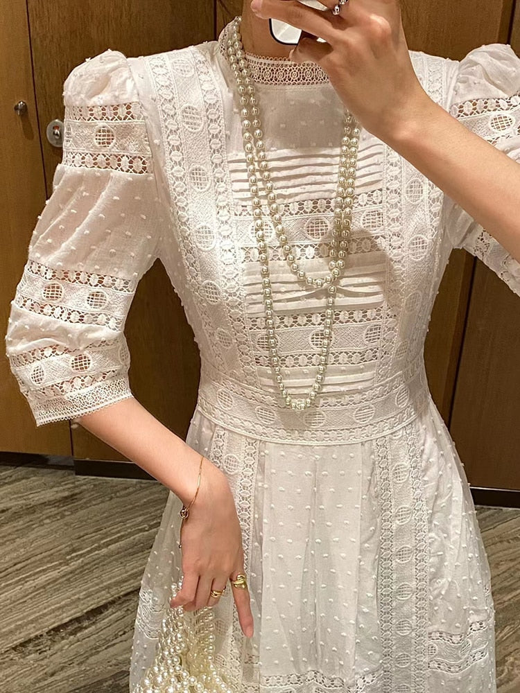 Solid Minimalist Lace Dresses For Women Stand Collar Puff Sleeve High Waist Cut Out A Line Dress Female Fashion