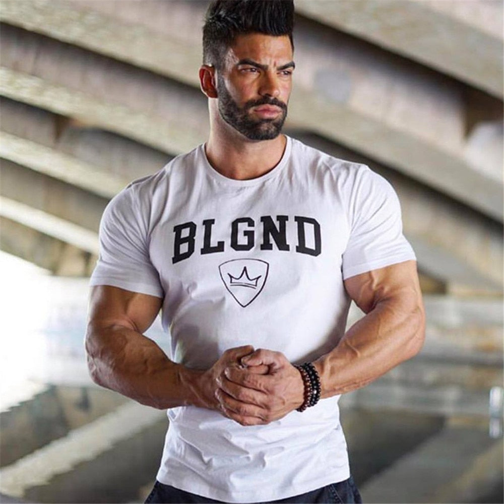 Casual Print T-shirt Men Fitness Bodybuilding Short sleeve Shirts Gym Workout Cotton Skinny Tee Tops Male Summer Fashion Apparel