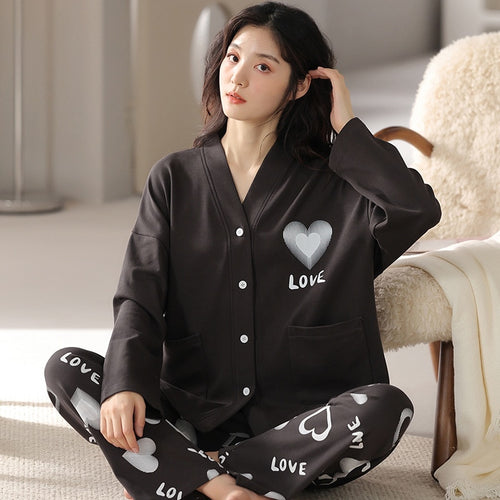 Load image into Gallery viewer, Women&#39;s Pajamas Set Cute Fruit Print Leisure V Neck Sleepwear Cotton Blended Long Casual Homewear Nightwear Femme 3XL
