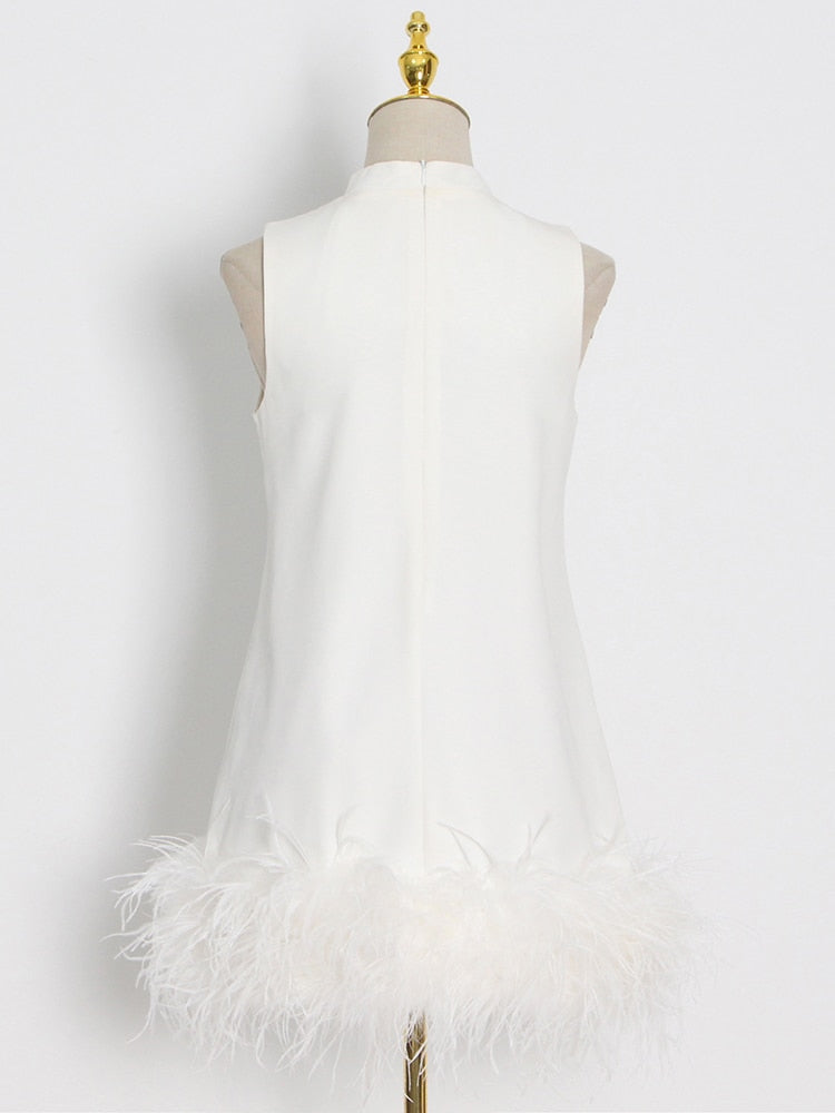 Feather Fur Dress For Women O Neck Sleeveless Loose Tassel A Line Dresses Female Streetwear Summer Fashion