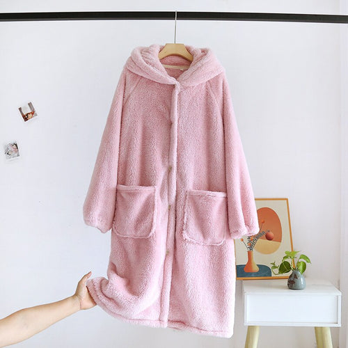 Load image into Gallery viewer, Women&#39;s Pajamas Robe Warm Thick Flannel Solid Sleepwear Casual Homewear Cute Hoodie Top Nightwear Femme New for Winter
