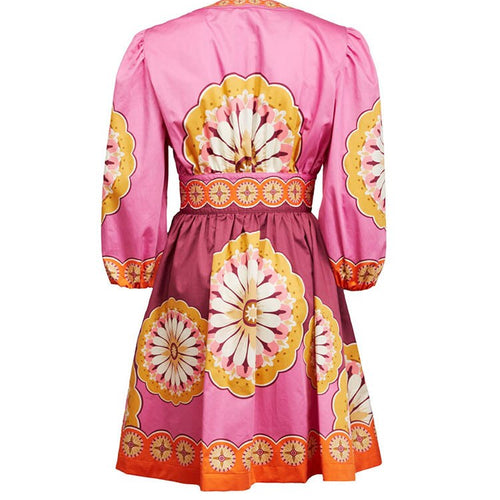 Load image into Gallery viewer, Hit Color Print Dresses For Women V Neck Puff Sleeve High Waist Tunic Folds Elegant Dress Female Fashion Clothing
