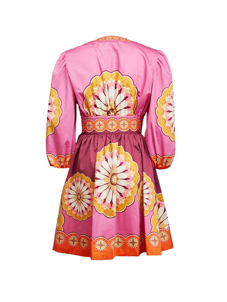 Hit Color Print Dresses For Women V Neck Puff Sleeve High Waist Tunic Folds Elegant Dress Female Fashion Clothing