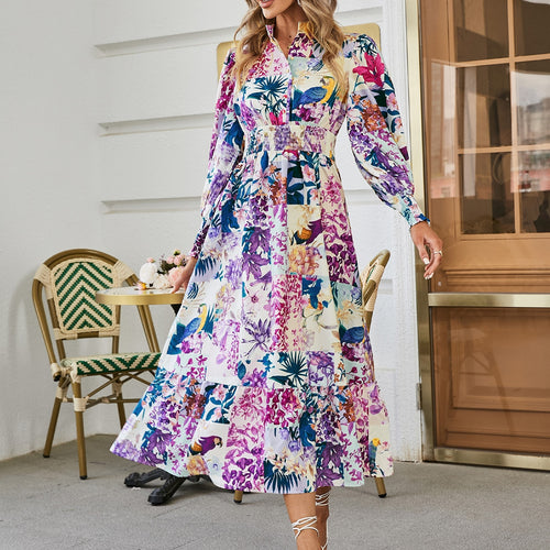 Load image into Gallery viewer, Puff sleeve print women shirt dress Boho elastic waist button patchwork office dresses Holiday floral split maxi vestido
