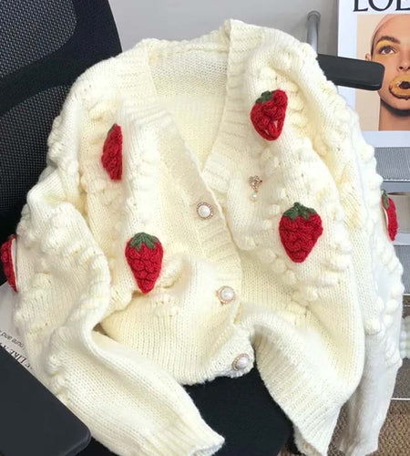Fashion 3D Strawberry Women Cardigan Winter Elegant Pearl Button Casual V Neck Ladies Knitted Sweater Long Sleeve Coat