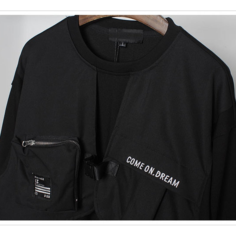 Hip Hop Fake Two Sweatshirt Men Patchwork Pocket Sweat Shirt Fashion Harajuku Functional Pullover Black Men Clothes