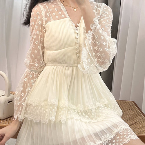 Load image into Gallery viewer, Patchwork Lace Dresses For Women V Neck Long Sleeve High Waist Elegant Slimming Solid Dress Female Fashion Clothing
