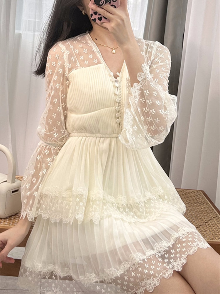 Patchwork Lace Dresses For Women V Neck Long Sleeve High Waist Elegant Slimming Solid Dress Female Fashion Clothing