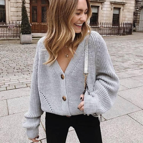 Load image into Gallery viewer, Women Knitted Cardigans Sweater Fashion Autumn Long Sleeve Loose Coat Casual Button Thick V Neck Solid Female Tops

