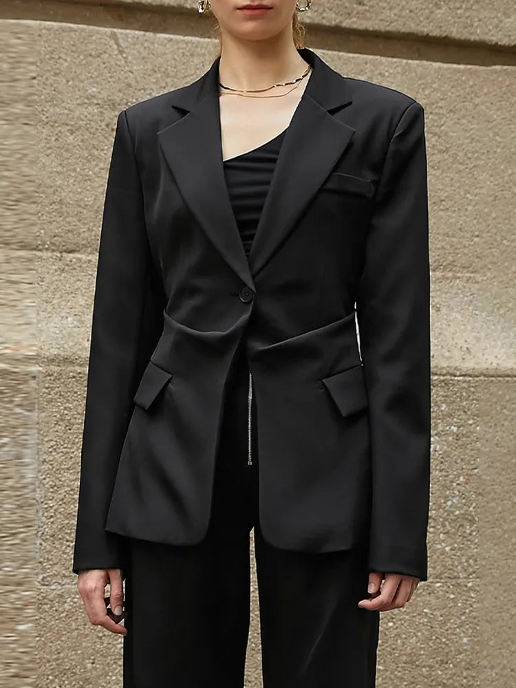 Black Slim Korean Blazer For Women Notched Collar Long Sleeve Ruched Solid Minimalist Blazers Female Clothing
