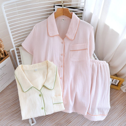 Load image into Gallery viewer, Woven Cotton Pajamas Women&#39;s Summer Thin Short Sleeve Shorts Two Piece Set Sweet Solid Color Lapel Cardigan Homewear
