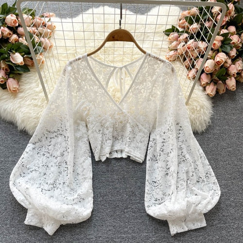 Sexy Hollow Out Women Blouse V Neck Puff Sleeve Lace Crop Top Black Elegant English Style Backless Party Night Ladies Shirt