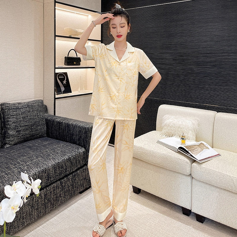 Women's Pajamas Silk Like Summer Short Sleeve Pants Cardigan Thin Cool Set Comfortable Oversized Printed Homewear