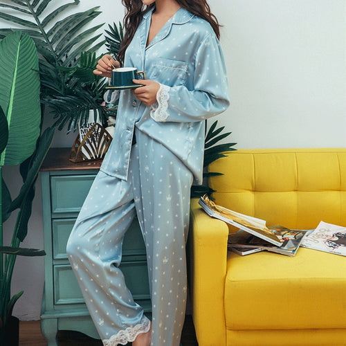 Load image into Gallery viewer, White silk like women&#39;s pajamas set autumn long-sleeved nighties palace style sleepwear set black beautiful home nighty suit
