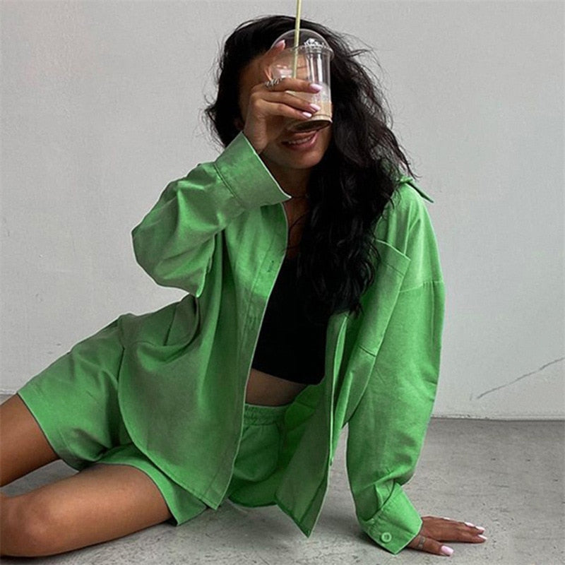 Women's Pajamas Set Summer Solid Color Fashion Suit Casual Wear Leisure Long Sleeve Shirt Shorts Female 2pcs Homewear