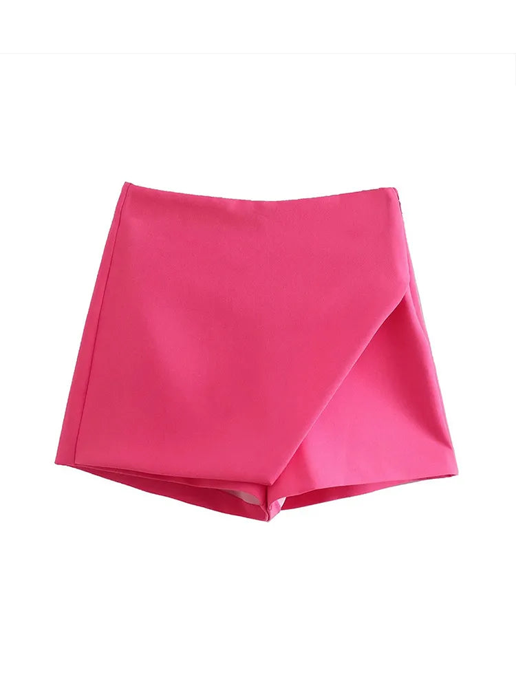 Women Fashion Candy Color Asymmetrical Shorts Skirts Lady Zipper Fly Pockets Hot Shorts Chic Pantalone