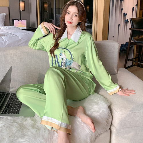 Load image into Gallery viewer, High Quality Women&#39;s Pajamas Set Luxury M Letter Print Sleepwear Point Collar Casual Homewear Nightwear Femme Petite
